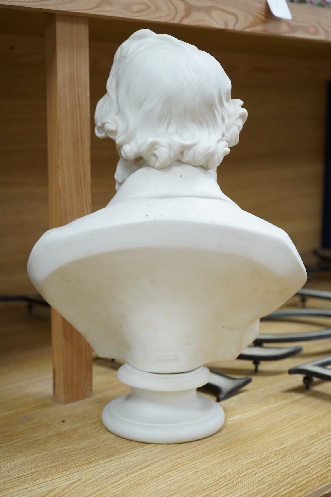 An Adams & Co Parian ware bust of Richard Cobden, published by John Stark Etruria, June 1865, 40cm